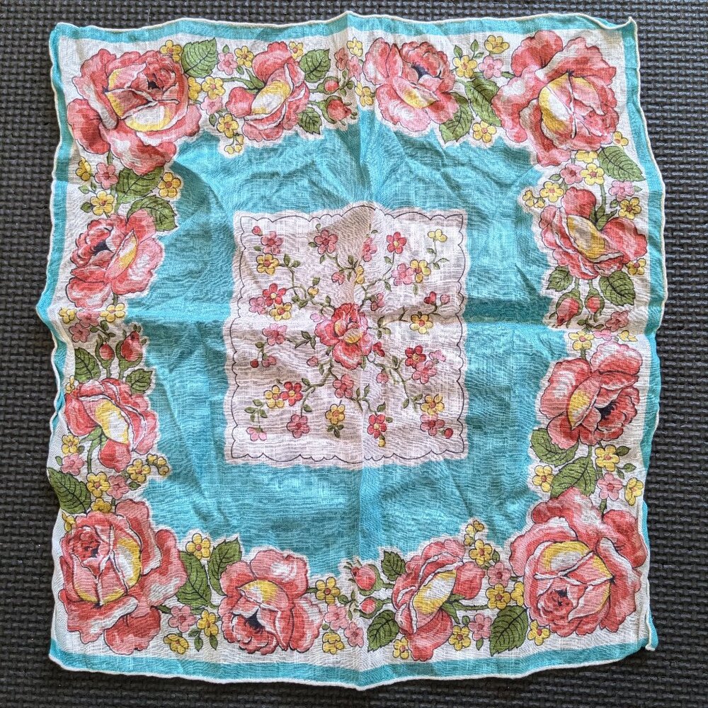 vintage 70s handkerchief floral roses aqua blue 12" x 12.75" cottagecore natural